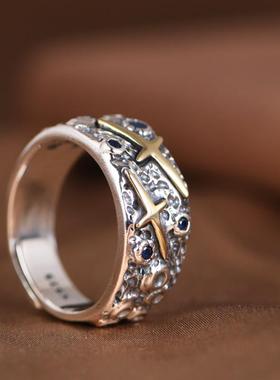 网红-S925银戒指复古金色十字星辉锤纹星空可调节银戒指男女指环
