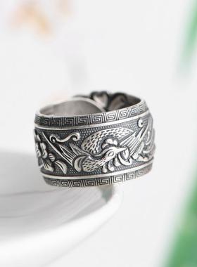 网红- 复古工艺 足银戒指宽版蝴蝶银凤凰牡丹花女士款指环食指戒