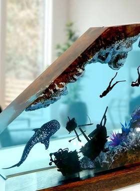 欧美爆款环氧树脂工艺摆件鲸鲨潜水员和沉船海洋树脂灯节日礼物