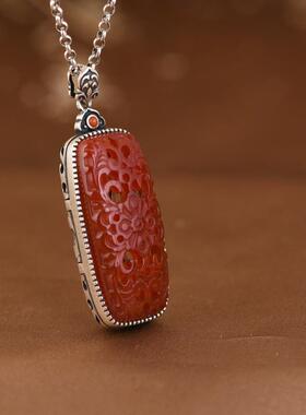 网红 925银吊坠 复古做旧银饰香囊香丸盒和田玉玛瑙女款项饰品