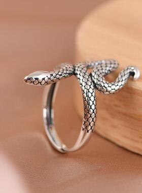 网红- S925银戒指 复古嘻哈潮人设计亮面银蛇眼镜蛇可调节女戒饰