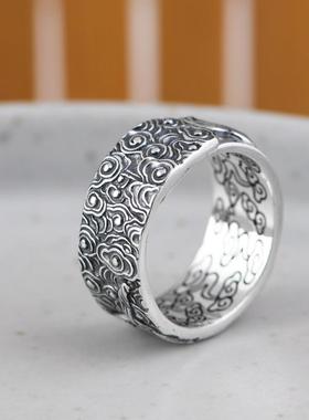 网红- 足银 复古做旧 浮雕祥云纹关公关羽戒指指环 男款活口手饰