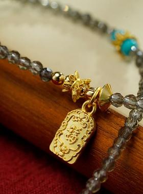 五爷皮壳吊坠项链黄财绿度母方形嘎乌盒随身唐卡吊坠灰色珠链项链