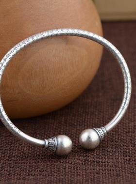 网红足银手镯复古工艺实心圆棍开口心经经文蒜头女士银手环