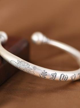 网红-足银S990复古泰银工艺开口藏式文字经文手镯女款银手环