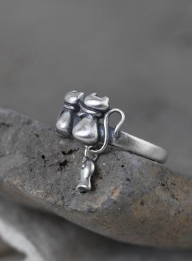 网红- S925银复古做旧情侣小花猫开口指环 女款泰银时尚食指戒指