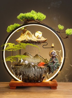 中式创意流水生财摆件循环水客厅办公室桌面O装饰新家乔迁开业礼