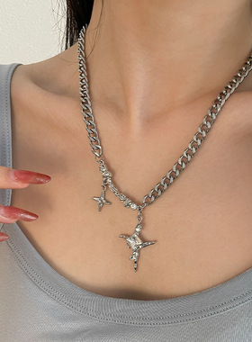 芒星古巴项链男潮酷嘻哈锁骨链女高级感十字架吊坠中性冷淡风饰品