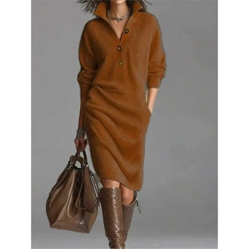 女士立领休闲中长毛衣裙Stand up collar casual long hair dress - 图1