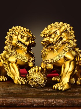 速发黄摆狮子铜件一对玄居家关客厅书房桌面装饰摆放故宫门口狮子