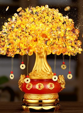 速发黄水晶发财装招财树摆件摇钱树电视柜树业家居开饰客厅聚宝盆