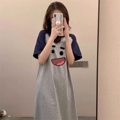夏季韩版长裙睡裙宽松插肩长款短袖过膝简约外出显瘦睡衣家居服