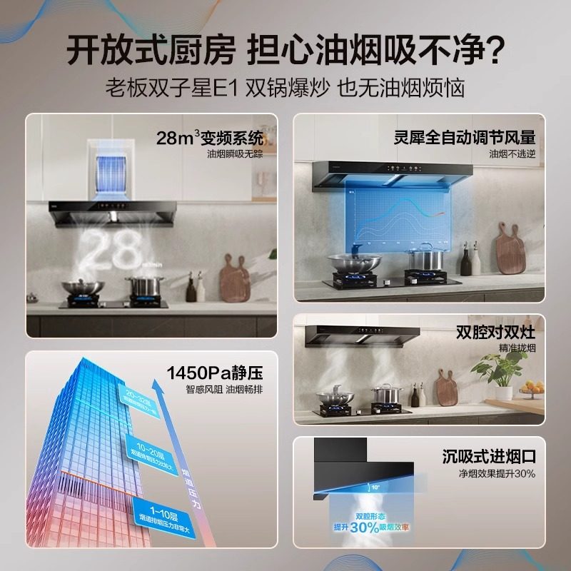 老板双子星E1抽油烟机燃气灶家用大吸力烟灶套装官方旗舰店