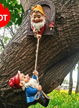 侏儒爬绳树脸挂件树脂小矮人户外圣诞装饰花园摆件