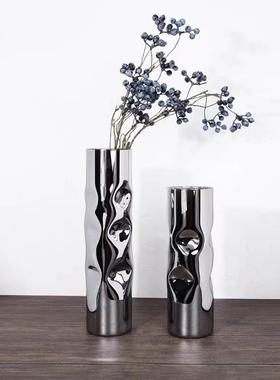 现代简约欧式圆柱夹扁造型玻璃花瓶花器摆件样板房售楼处软装饰品