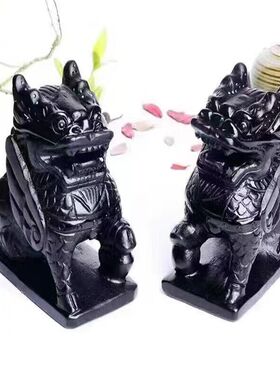 天然黑曜石麒麟摆件纯黑