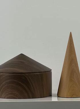 现代简约设计感木纹锥形几何摆件样板间售楼处客厅书房软装饰品