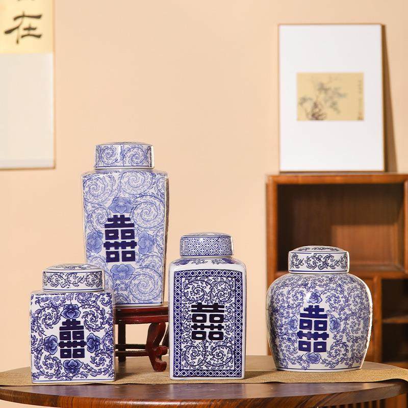 新款喜字陶瓷储物罐摆件创意家居装饰电视柜花瓶摆件青花陶瓷花瓶,淘宝优惠券,粉丝福利购,淘宝优惠卷