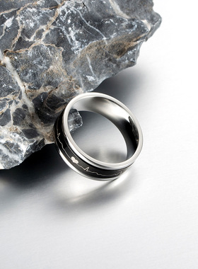 热销钛钢心电图可转动戒指韩版心