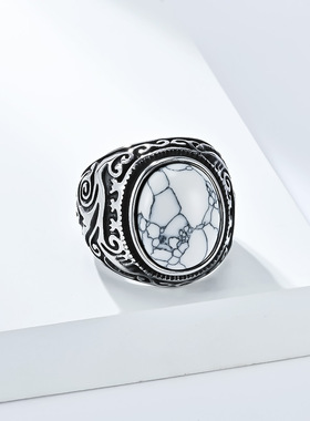 欧美复古雕花镶嵌虎眼宝石钛钢戒
