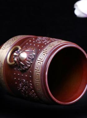 杨铜记 铜器 复古桌面办公摆件 铜笔筒 狮头莲花笔筒 笔筒