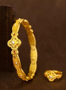 古法珐琅吉祥如意珍珠花丝黄金色手镯复古时尚轻奢高级感手镯手饰