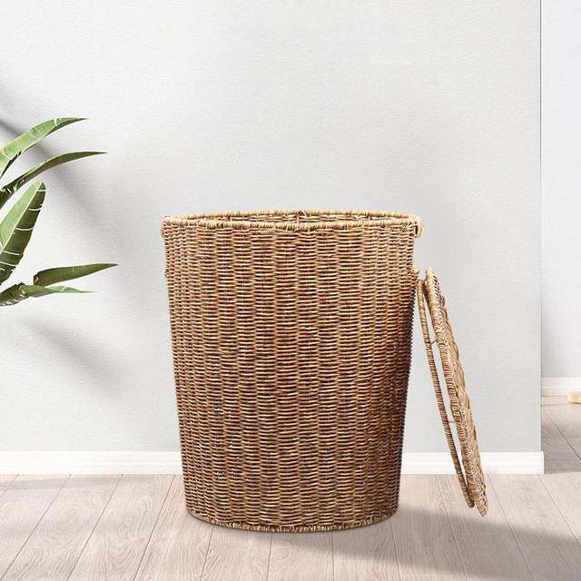 Huangtu Craftsmanship Nordic Office Living Room Home Daily Trash Can with Lid Basket Multi-purpose Storage Rattan Bucket