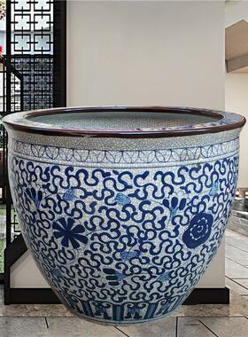 景德镇陶瓷鱼缸手绘仿古青花裂纹荷花睡莲缸字画缸园林盆栽