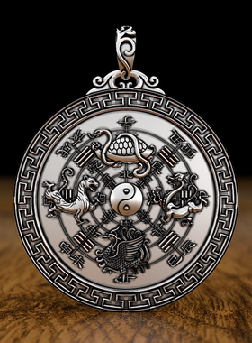 青龙白虎吊坠999纯银男足银复古吊牌霸气玄武朱雀麒麟银牌项链男