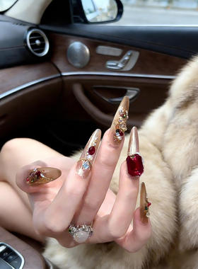 手工定制穿戴美甲长款秀禾复古红色爆闪满钻富贵显白婚甲新娘孕妇