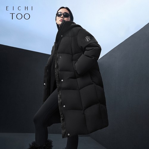 爱居兔中长款鹅绒服女冬季经典时尚连帽羽绒服 - 图0