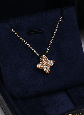 意大利四叶草满钻项链女纯银玫瑰金白金锁骨链复中古宫廷风百搭潮