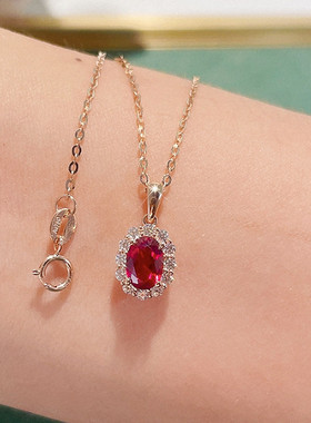 鸽血红宝石项链女纯银玫瑰金椭圆蛋形石榴红镶钻锁骨链本命年高级