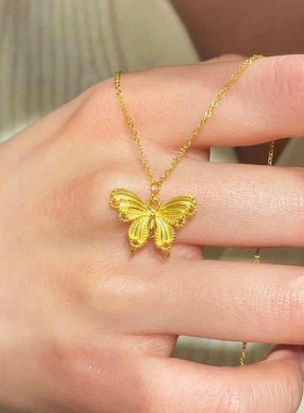 花仙闪蝶项链 女纯银镀18K黄金色镂空花丝蝴蝶锁骨链气质精致百搭