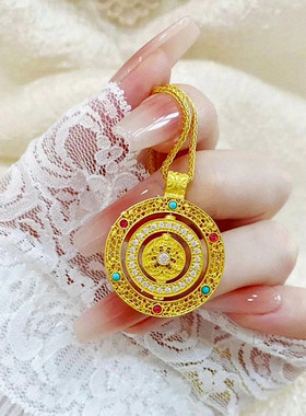 古法花丝八宝罗盘项链女纯银镀黄金色镶钻时来运转圆环锁骨链国风