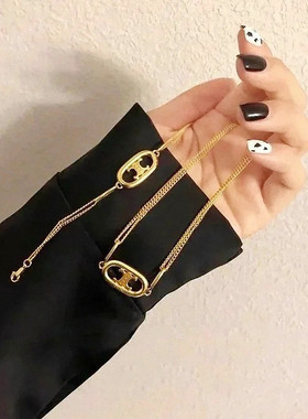 凯旋门双层链条手链 女法式复古轻奢金色可调节双C手饰小众高级感