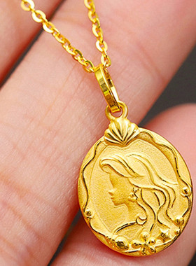 美人鱼鱼尾项链 女纯银镀18K黄金色圆牌双面吊坠锁骨链小众设计潮