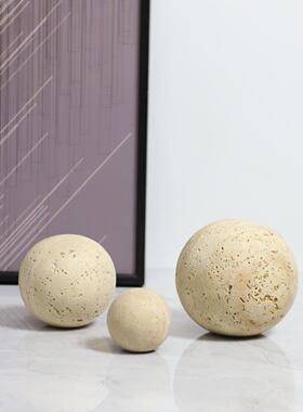 欧式轻奢侘寂风天然黄洞石球艺术摆件客厅玄关书房酒店家居装饰品