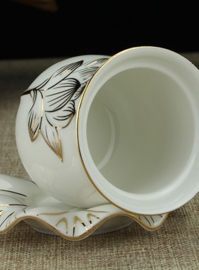 速发陶瓷供供杯莲花观杯圣水音浮雕描金水佛贡杯家居香薰摆件供奉