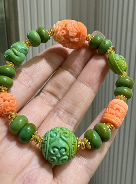 新款绿松石回纹珠雕刻多宝原创设计手链有机宝石山水男女款手链