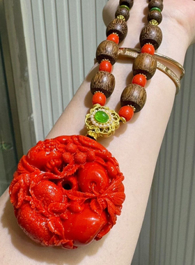 高端原创深海正红色福寿如意沉香双面挂件毛衣链本命年护身