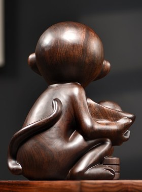 速发黑檀木雕猴子招财摆件家居饰品十二生送工艺品桌日肖礼生面客