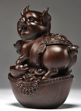 速发客檀实木饰雕刻猪摆件三合十二生肖动物爱猪家居黑厅装质酒柜