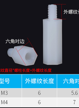 M3M4 尼龙六角螺柱单通尼龙绝缘柱单头隔离柱 六角单通尼龙柱 6折