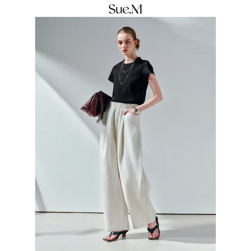 Sue.M 宽松亚麻弯刀裤女士通勤百搭慵懒松弛感老钱风休闲阔腿裤女 - 图3