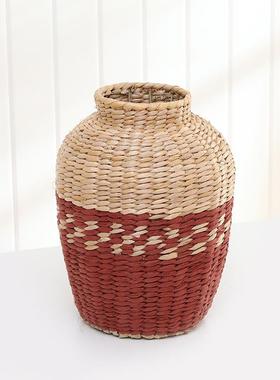 厂家手工草编花瓶家居桌面复古装饰小口花瓶仿真摆件编织插干花篮