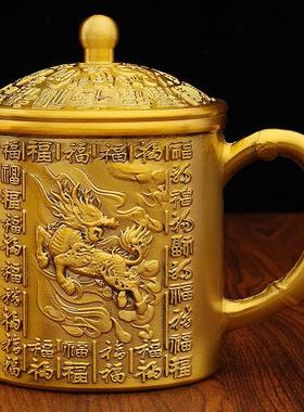 黄铜麒麟百福茶杯家居新中式餐厅桌面装饰带盖茶缸金属摆件工艺品