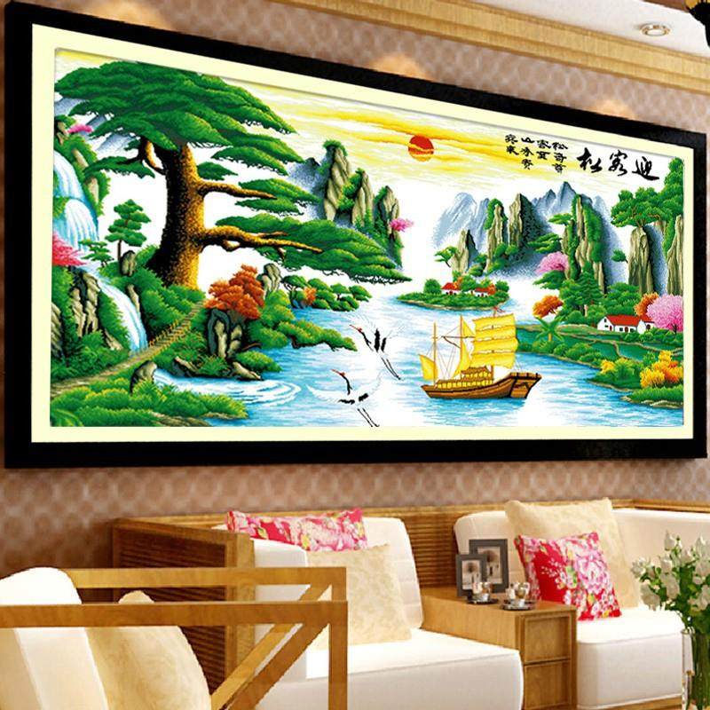 迎客松十字绣2023新款线绣客厅大气山水画风景大幅流水生财自己绣,淘宝优惠券,粉丝福利购,淘宝优惠卷