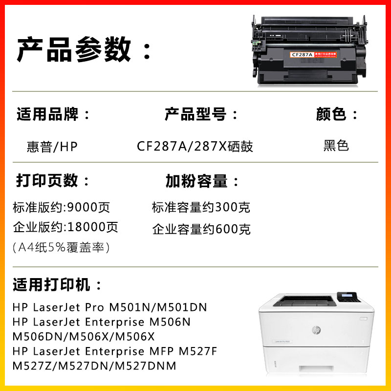 适用惠普CF287A/CF287X硒鼓兼容HP laserjet M527F/M527Z/M527DN/M527DNM黑白激光打印机碳粉盒 - 图0