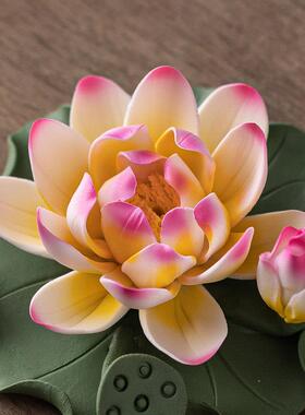 手工陶瓷莲花荷花瓷花朵禅意香插家居茶桌装饰工艺礼品摆饰佛前供